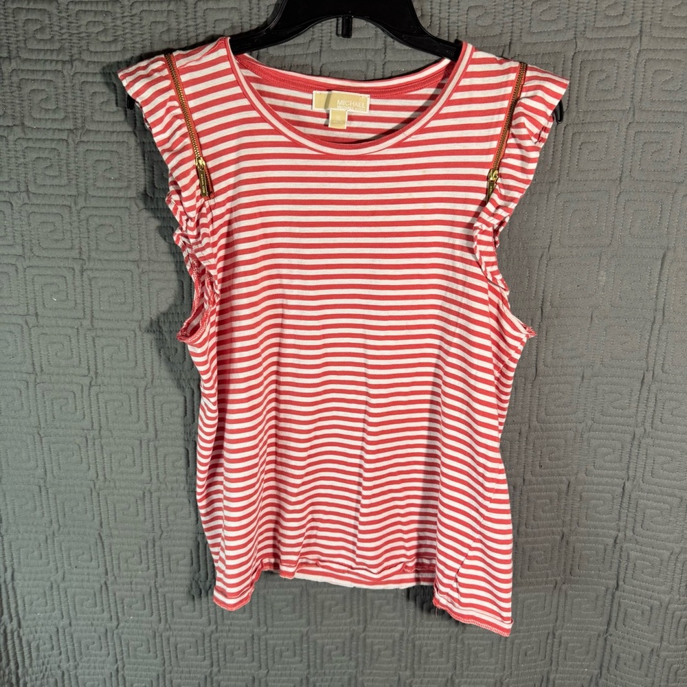 Michael Kors Blouse Women’s Size XL Ruffle Sleeves Tank Red White Zip Sleeves